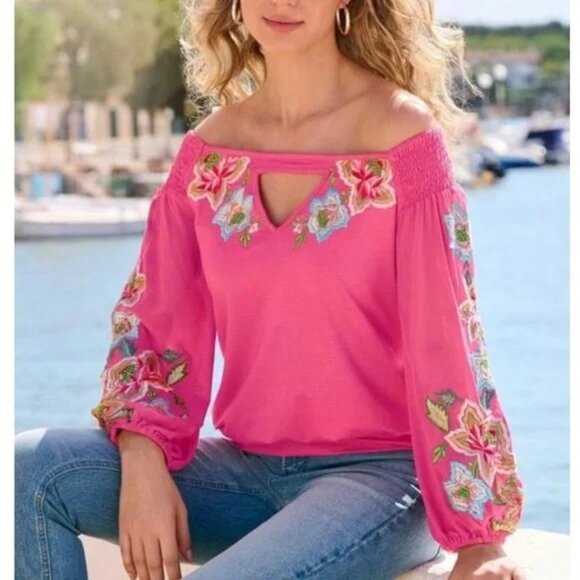 Boston Proper Embroidered Off The Shoulder Top Medium - Picture 1 of 7